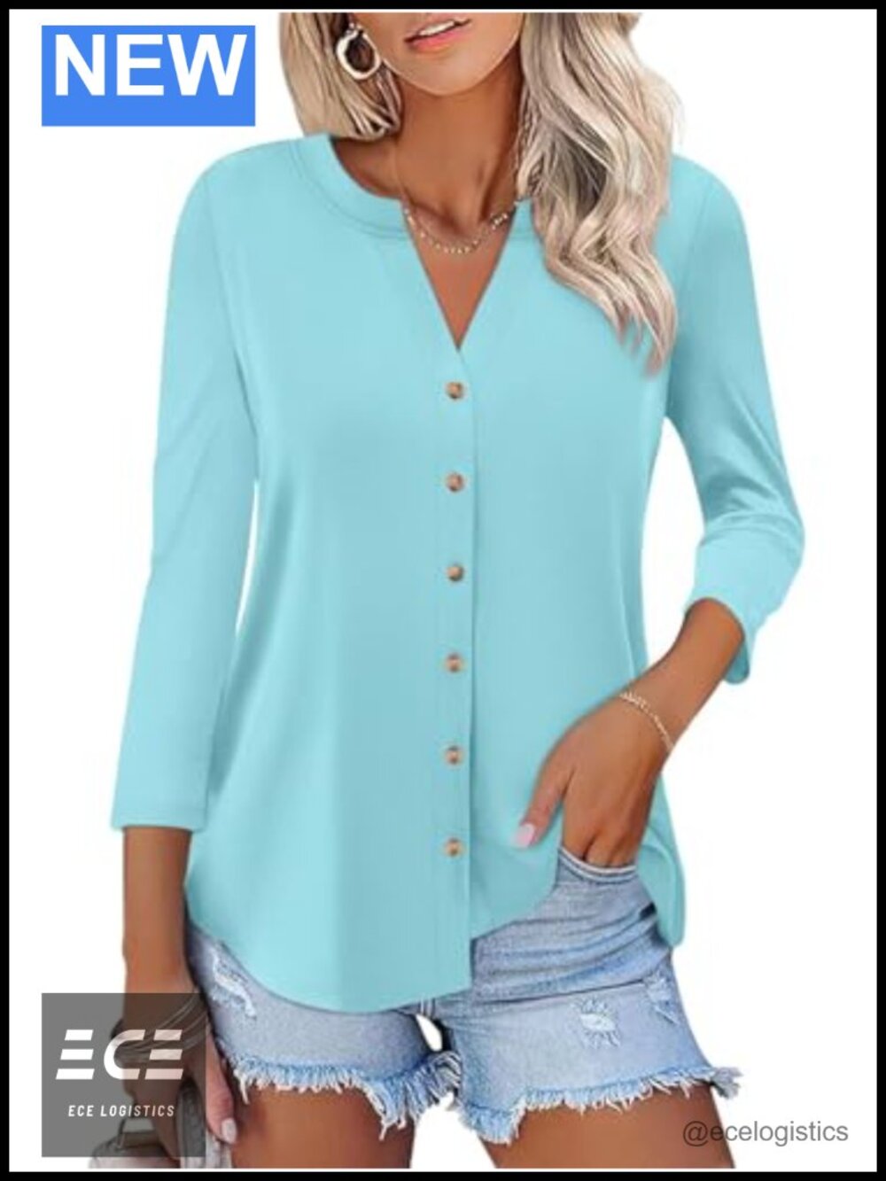 Women's Button Down Shirt 3/4 Sleeve V-Neck Cotton Blend Wrinkle Free Blouse